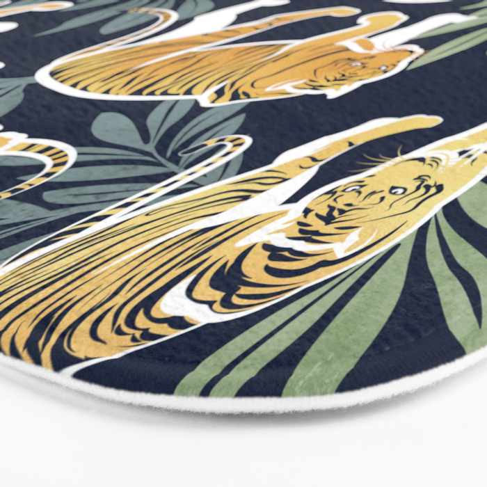 Nouveau white tigers // navy blue background green leaves white lines yellow animals Bath Mat Gallery Image 3