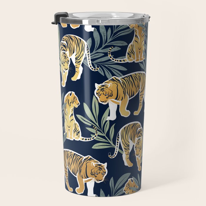 Nouveau white tigers // navy blue background green leaves white lines yellow animals Travel Mug Gallery Image 3