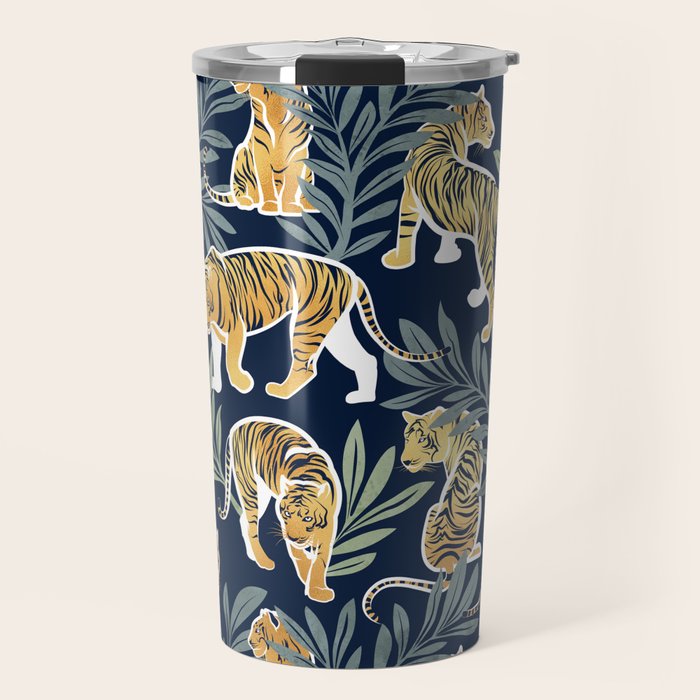 Nouveau white tigers // navy blue background green leaves white lines yellow animals Travel Mug Gallery Image 1