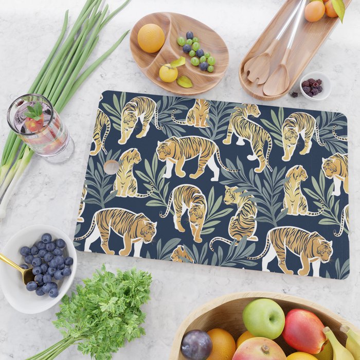 Nouveau white tigers // navy blue background green leaves white lines yellow animals Cutting Board Gallery Image 2