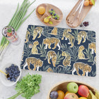 Nouveau white tigers // navy blue background green leaves white lines yellow animals Cutting Board Gallery Image 2