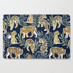 Nouveau white tigers // navy blue background green leaves white lines yellow animals Cutting Board Gallery Image 1