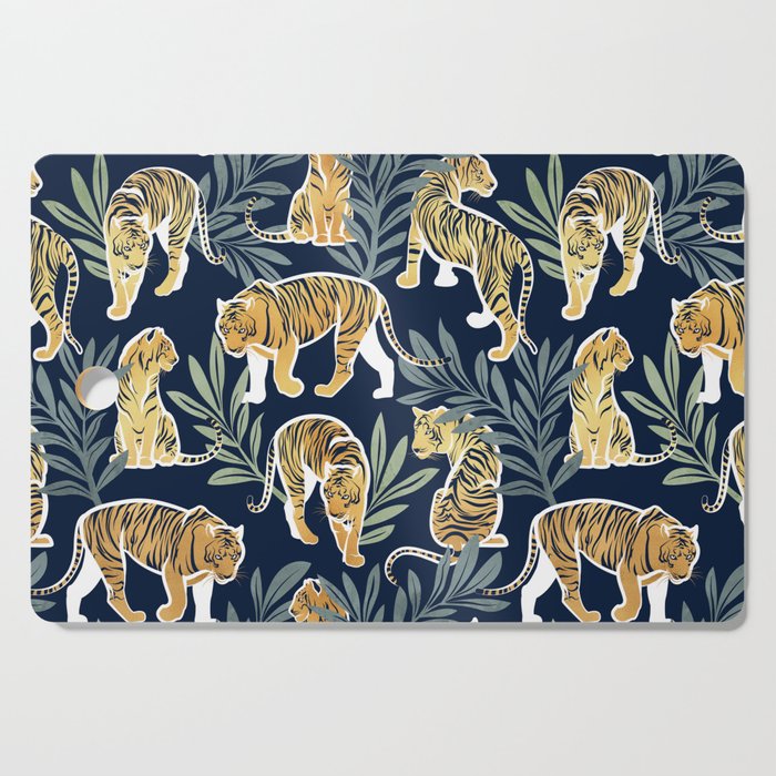 Nouveau white tigers // navy blue background green leaves white lines yellow animals Cutting Board Gallery Image 1