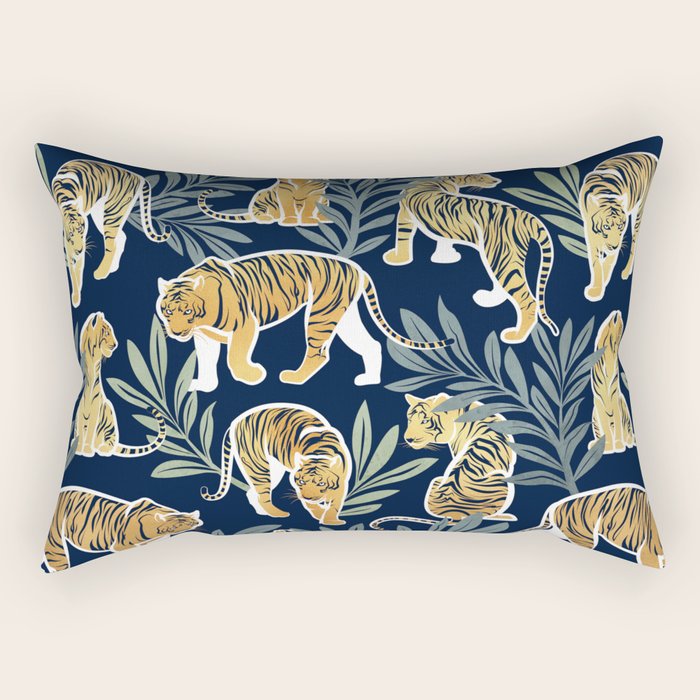 Nouveau white tigers // navy blue background green leaves white lines yellow animals Rectangular Pillow Gallery Image 1