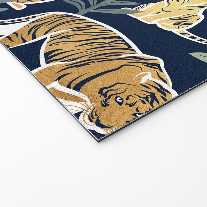 Nouveau white tigers // navy blue background green leaves white lines yellow animals Welcome Mat Gallery Image 2