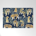 Nouveau white tigers // navy blue background green leaves white lines yellow animals Welcome Mat Gallery Image 1