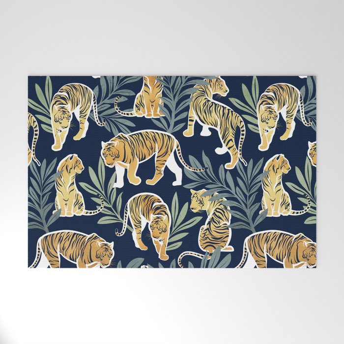 Nouveau white tigers // navy blue background green leaves white lines yellow animals Welcome Mat Gallery Image 1