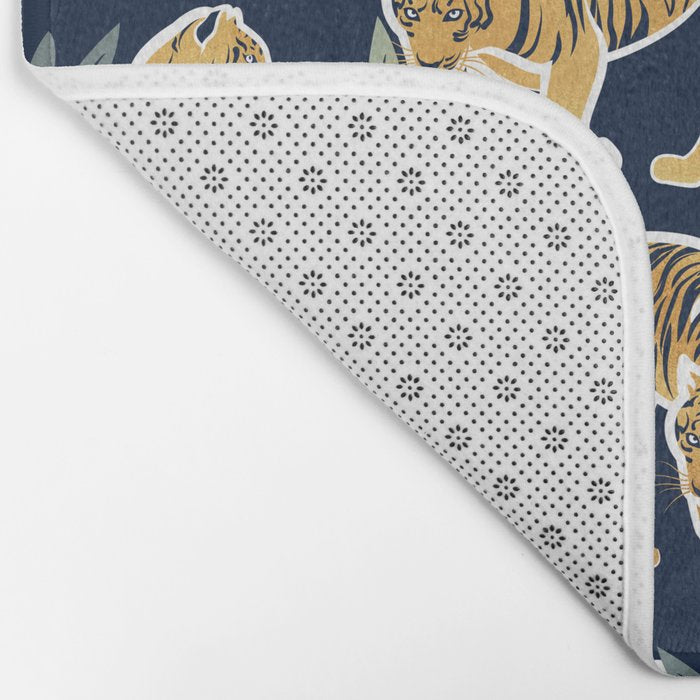 Nouveau white tigers // navy blue background green leaves white lines yellow animals Bath Mat Gallery Image 2