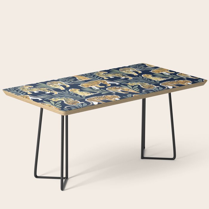 Nouveau white tigers // navy blue background green leaves white lines yellow animals Coffee Table Gallery Image 1