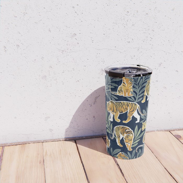 Nouveau white tigers // navy blue background green leaves white lines yellow animals Travel Mug Gallery Image 4
