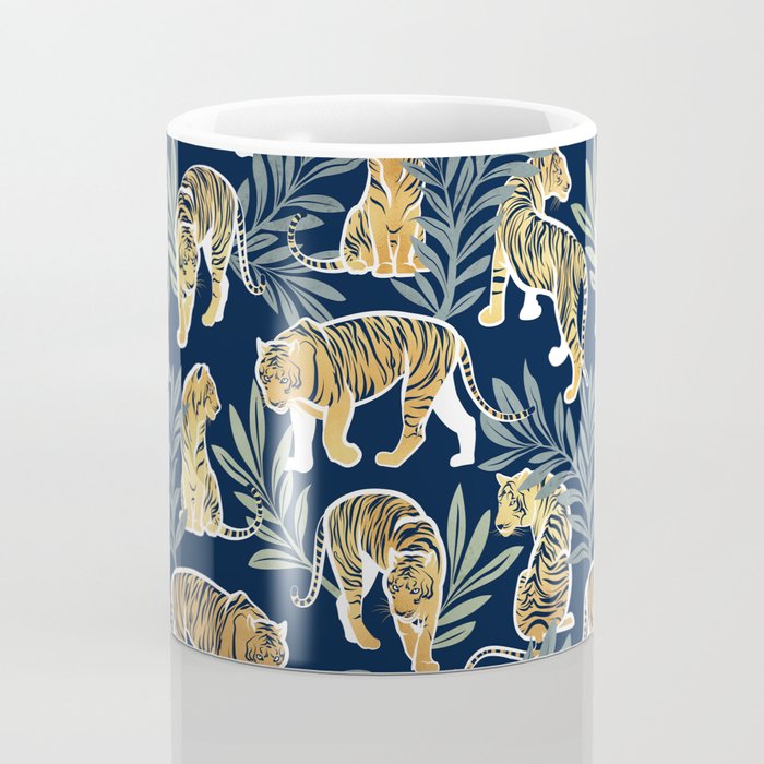 Nouveau white tigers // navy blue background green leaves white lines yellow animals Coffee Mug Gallery Image 4