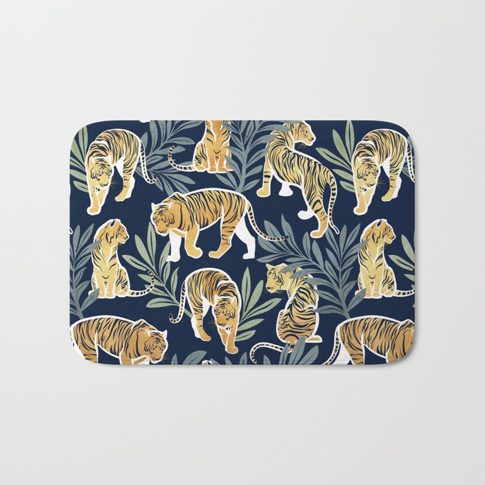Nouveau white tigers // navy blue background green leaves white lines yellow animals Bath Mat Gallery Image 1