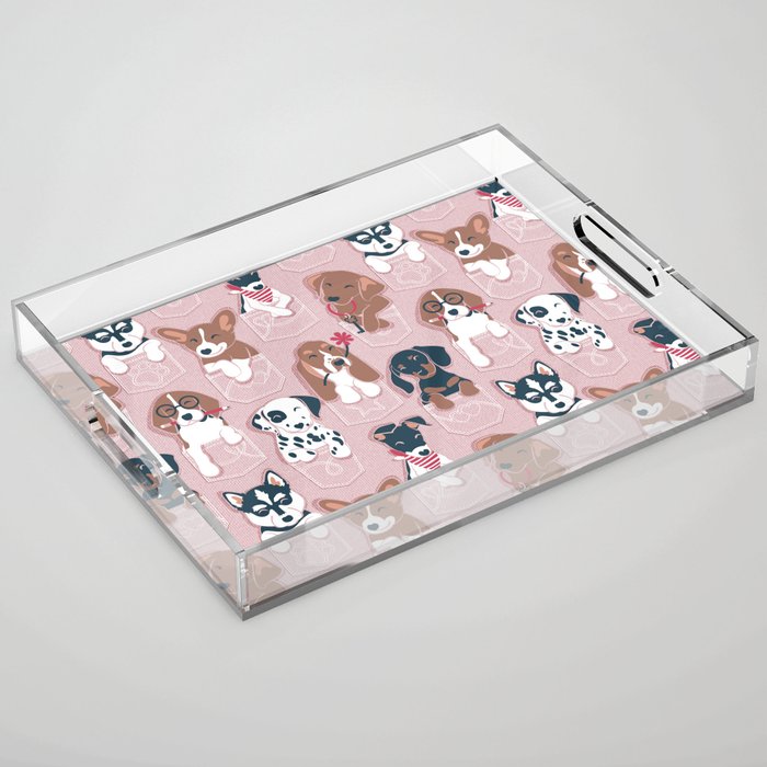 Pure love pockets I // blush pink background Dachshund Beagle Dalmatian Basset Hound Labrador Retriever Husky Welsh Corgi and Italian Greyhound dog puppies Acrylic Tray Gallery Image 1