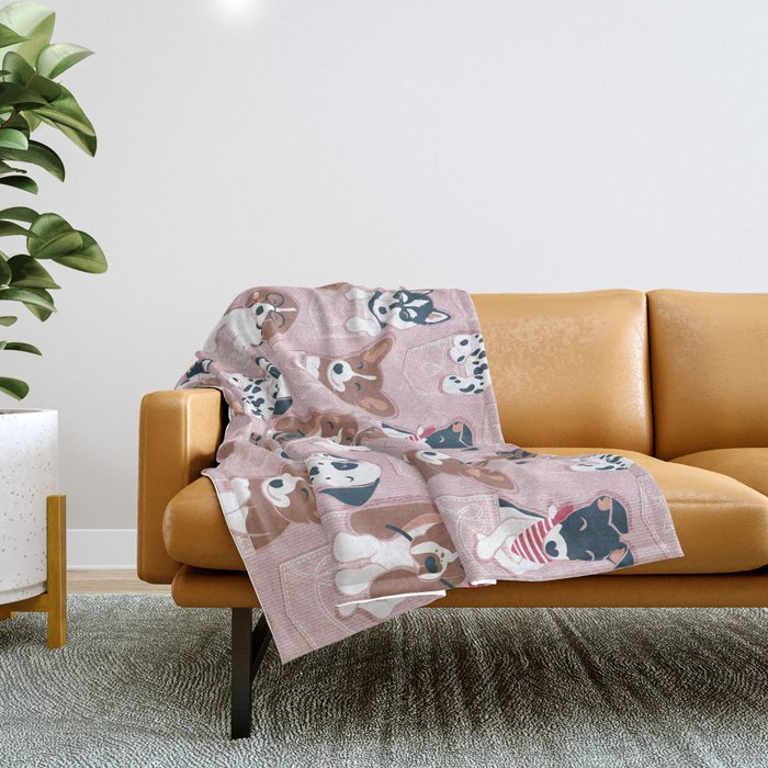 Pure love pockets I // blush pink background Dachshund Beagle Dalmatian Basset Hound Labrador Retriever Husky Welsh Corgi and Italian Greyhound dog puppies Throw Blanket Gallery Image 1