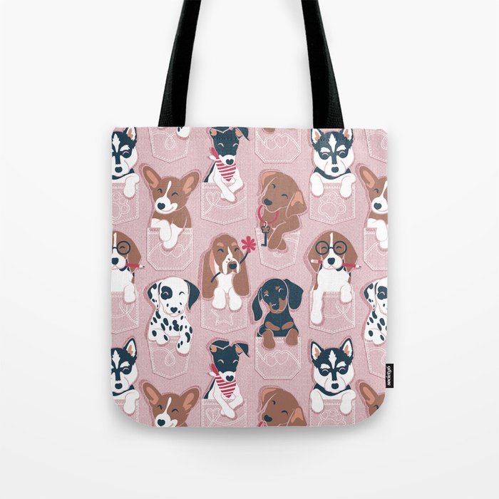 Pure love pockets I // blush pink background Dachshund Beagle Dalmatian Basset Hound Labrador Retriever Husky Welsh Corgi and Italian Greyhound dog puppies Tote Bag Gallery Image 1