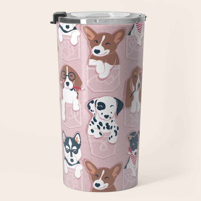 Pure love pockets I // blush pink background Dachshund Beagle Dalmatian Basset Hound Labrador Retriever Husky Welsh Corgi and Italian Greyhound dog puppies Travel Mug Gallery Image 3