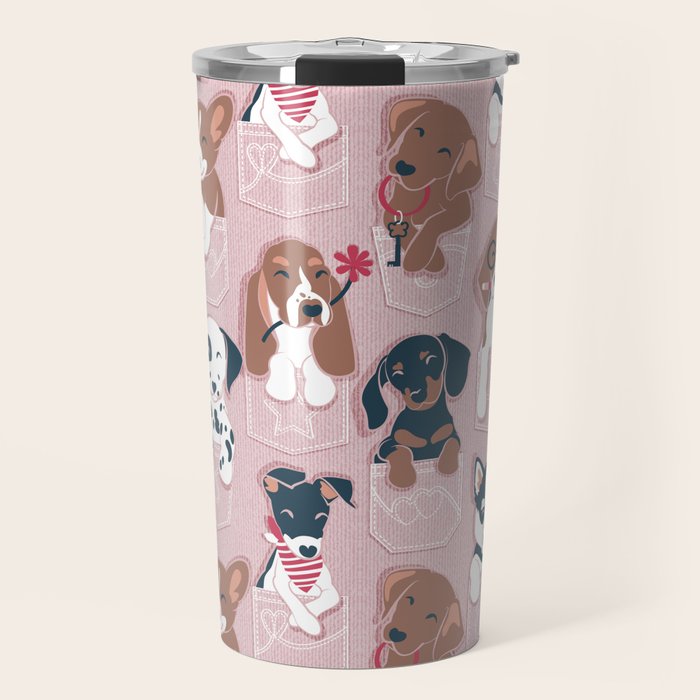 Pure love pockets I // blush pink background Dachshund Beagle Dalmatian Basset Hound Labrador Retriever Husky Welsh Corgi and Italian Greyhound dog puppies Travel Mug Gallery Image 1