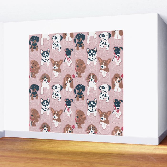 Pure love pockets I // blush pink background Dachshund Beagle Dalmatian Basset Hound Labrador Retriever Husky Welsh Corgi and Italian Greyhound dog puppies Wall Mural Gallery Image 2