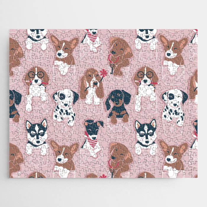 Pure love pockets I // blush pink background Dachshund Beagle Dalmatian Basset Hound Labrador Retriever Husky Welsh Corgi and Italian Greyhound dog puppies Jigsaw Puzzle Gallery Image 1