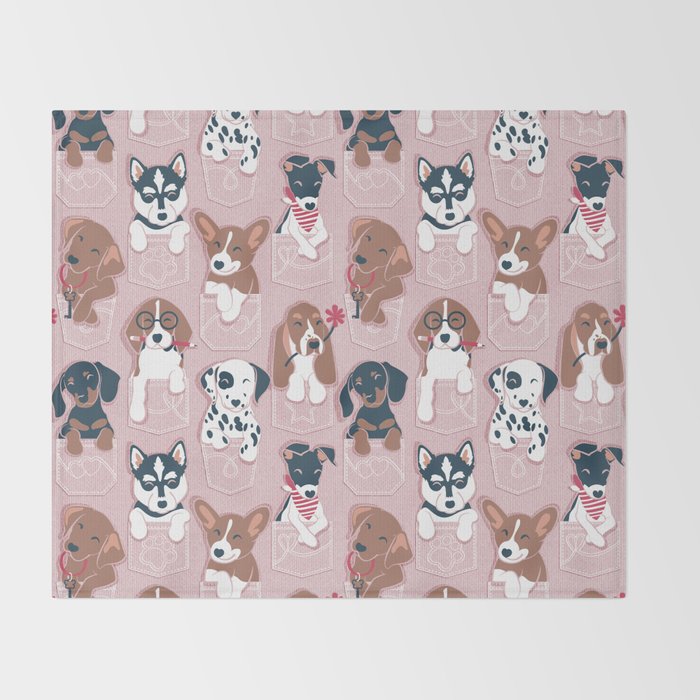 Pure love pockets I // blush pink background Dachshund Beagle Dalmatian Basset Hound Labrador Retriever Husky Welsh Corgi and Italian Greyhound dog puppies Throw Blanket Gallery Image 2