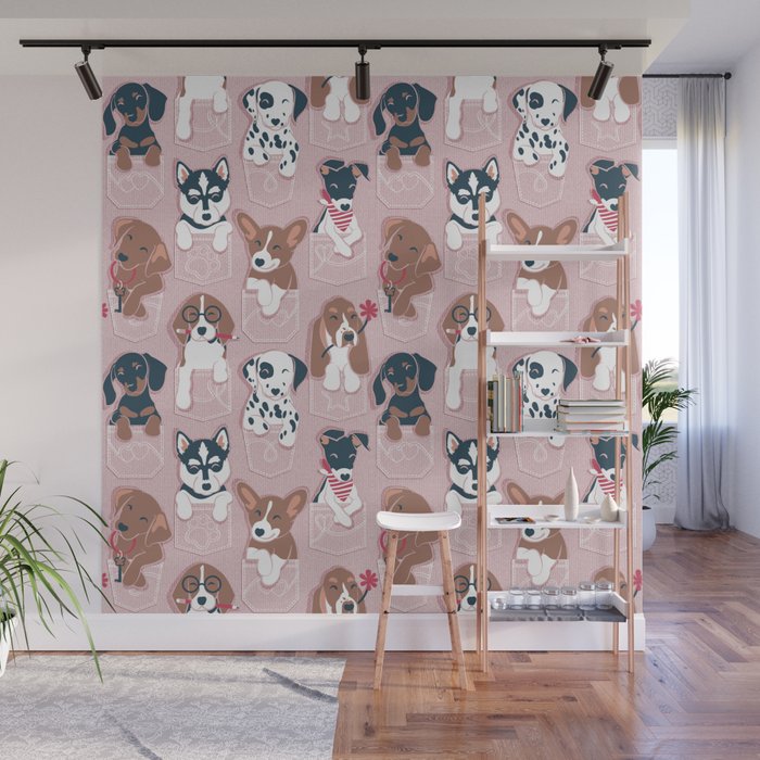 Pure love pockets I // blush pink background Dachshund Beagle Dalmatian Basset Hound Labrador Retriever Husky Welsh Corgi and Italian Greyhound dog puppies Wall Mural Gallery Image 1