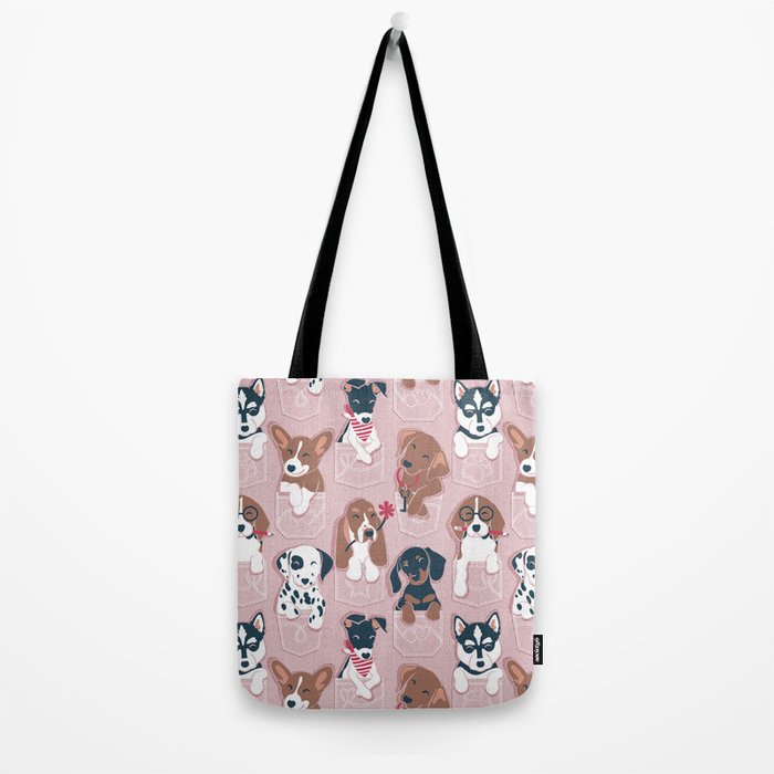 Pure love pockets I // blush pink background Dachshund Beagle Dalmatian Basset Hound Labrador Retriever Husky Welsh Corgi and Italian Greyhound dog puppies Tote Bag Gallery Image 2
