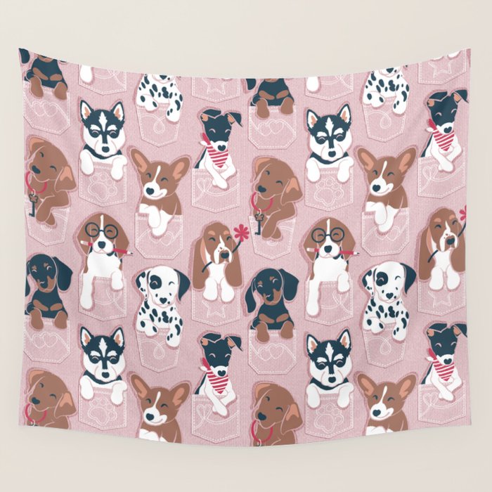 Pure love pockets I // blush pink background Dachshund Beagle Dalmatian Basset Hound Labrador Retriever Husky Welsh Corgi and Italian Greyhound dog puppies Wall Tapestry Gallery Image 1