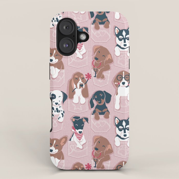 Pure love pockets I // blush pink background Dachshund Beagle Dalmatian Basset Hound Labrador Retriever Husky Welsh Corgi and Italian Greyhound dog puppies iPhone Case Gallery Image 1