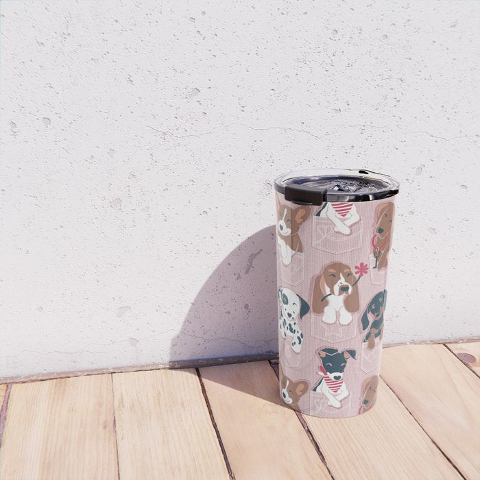 Pure love pockets I // blush pink background Dachshund Beagle Dalmatian Basset Hound Labrador Retriever Husky Welsh Corgi and Italian Greyhound dog puppies Travel Mug Gallery Image 4