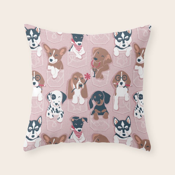 Pure love pockets I // blush pink background Dachshund Beagle Dalmatian Basset Hound Labrador Retriever Husky Welsh Corgi and Italian Greyhound dog puppies Throw Pillow Gallery Image 6