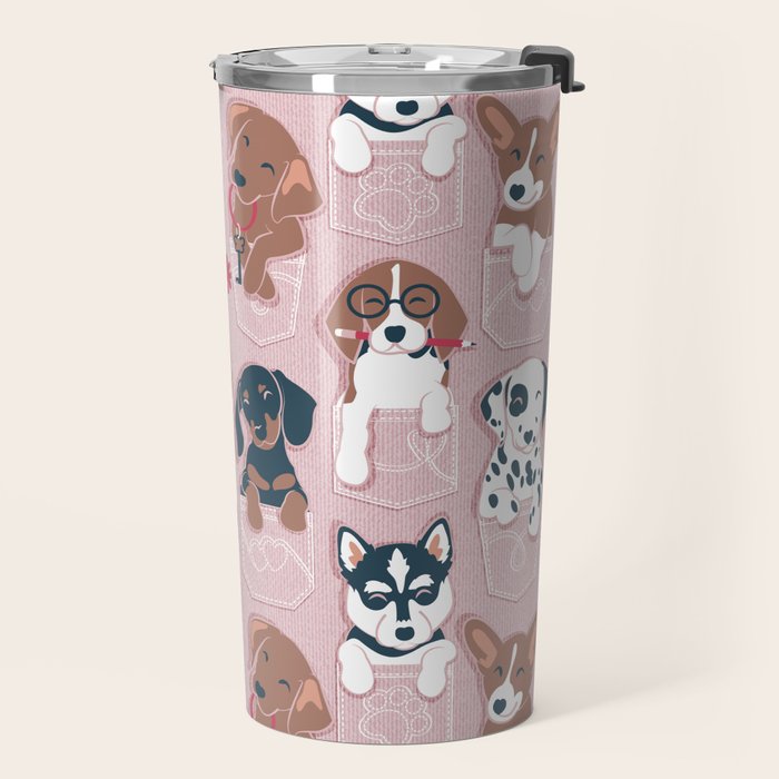 Pure love pockets I // blush pink background Dachshund Beagle Dalmatian Basset Hound Labrador Retriever Husky Welsh Corgi and Italian Greyhound dog puppies Travel Mug Gallery Image 2