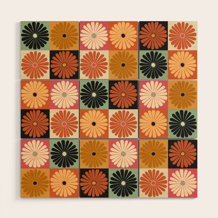 Retro Flowers Check Pattern XVI Wood Wall Art Gallery Image 1