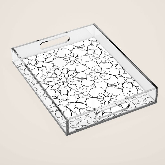 Black and white hand drawn flower art pattern Acrylic Tray Gallery Image 1