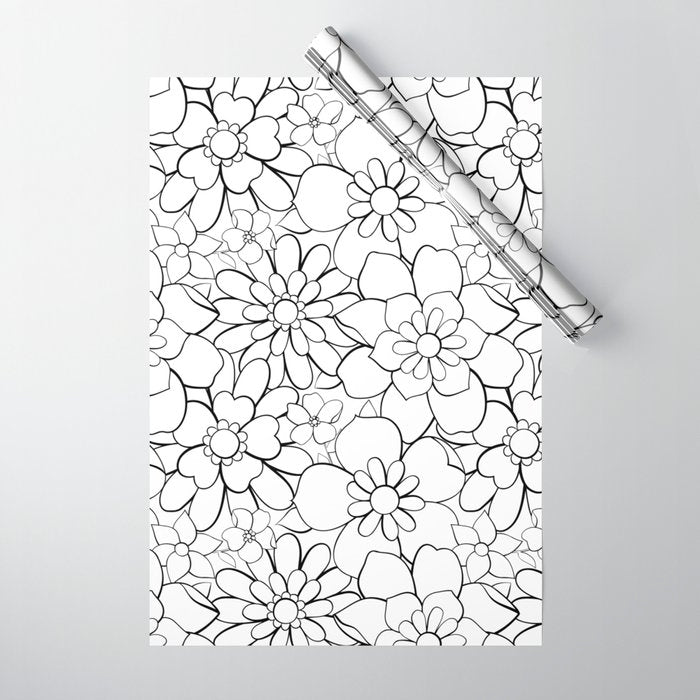 Black and white hand drawn flower art pattern Wrapping Paper Gallery Image 1