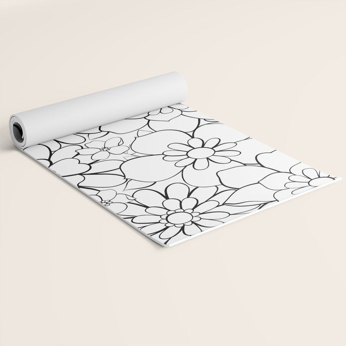 Black and white hand drawn flower art pattern Yoga Mat Gallery Image 2