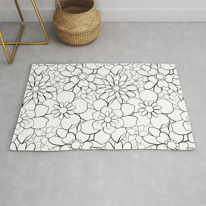 Black and white hand drawn flower art pattern Rug Gallery Image 1