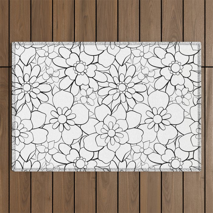 Black and white hand drawn flower art pattern Outdoor Rug Gallery Image 1
