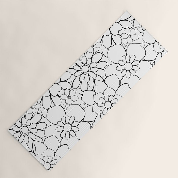 Black and white hand drawn flower art pattern Yoga Mat Gallery Image 1