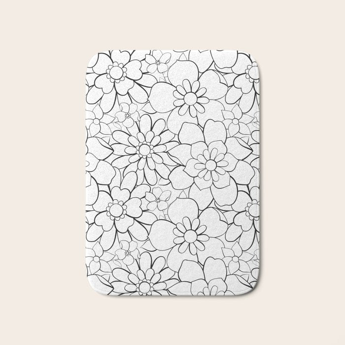 Black and white hand drawn flower art pattern Bath Mat Gallery Image 1
