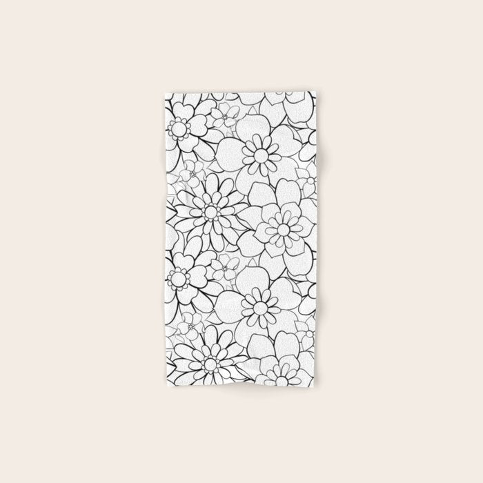 Black and white hand drawn flower art pattern Bath Towel Gallery Image 1