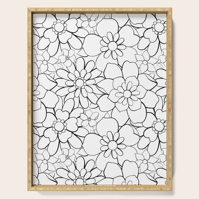 Black and white hand drawn flower art pattern Serving Tray Gallery Image 1