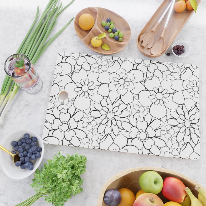 Black and white hand drawn flower art pattern Cutting Board Gallery Image 2