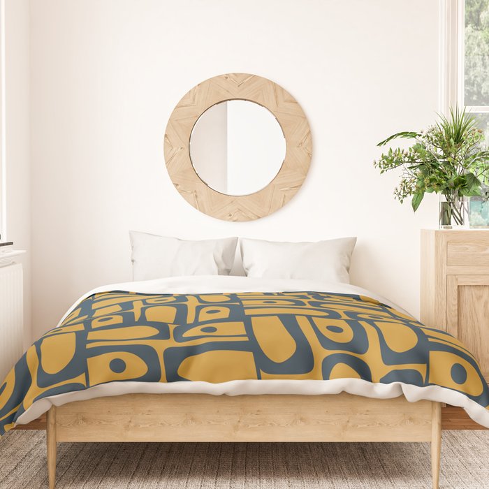Mid Century Modern Piquet Abstract Multi Geometric Pattern in Dark Mustard and Navy Blue Duvet Cover Gallery Image 3