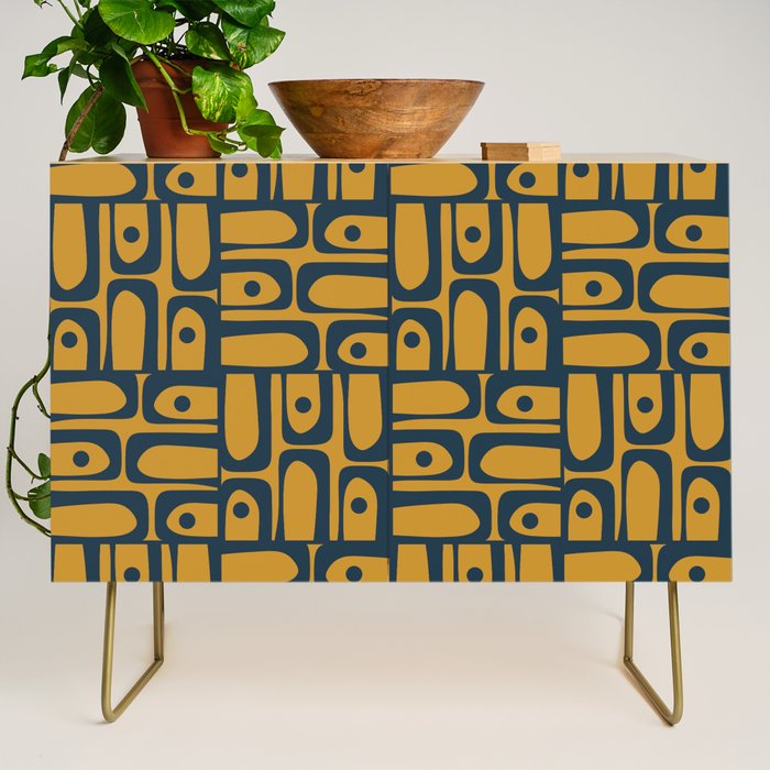Mid Century Modern Piquet Abstract Multi Geometric Pattern in Dark Mustard and Navy Blue Credenza Gallery Image 1