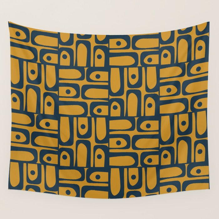 Mid Century Modern Piquet Abstract Multi Geometric Pattern in Dark Mustard and Navy Blue Wall Tapestry Gallery Image 4