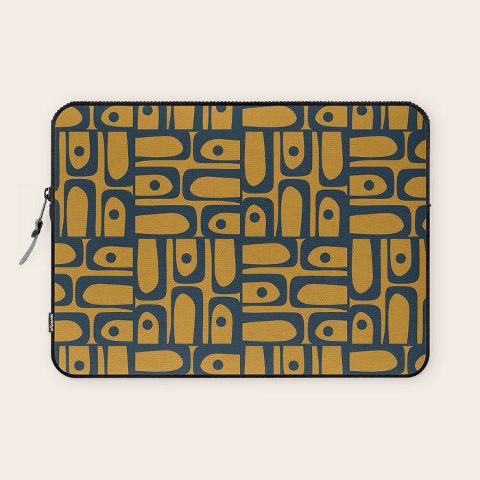 Mid Century Modern Piquet Abstract Multi Geometric Pattern in Dark Mustard and Navy Blue Laptop Sleeve Gallery Image 1