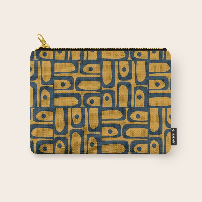 Mid Century Modern Piquet Abstract Multi Geometric Pattern in Dark Mustard and Navy Blue Carry All Pouch Gallery Image 1