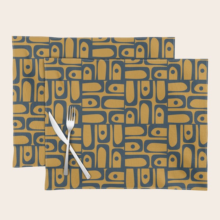 Mid Century Modern Piquet Abstract Multi Geometric Pattern in Dark Mustard and Navy Blue Placemat Gallery Image 1