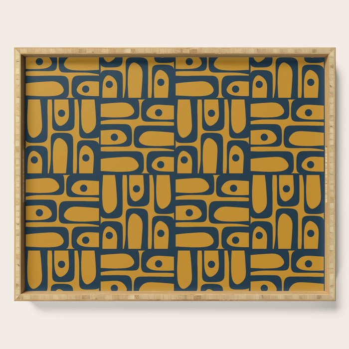 Mid Century Modern Piquet Abstract Multi Geometric Pattern in Dark Mustard and Navy Blue Serving Tray Gallery Image 1