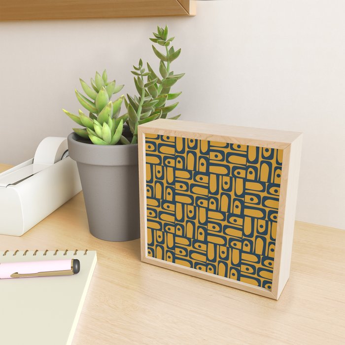 Mid Century Modern Piquet Abstract Multi Geometric Pattern in Dark Mustard and Navy Blue Mini Art Print Gallery Image 2